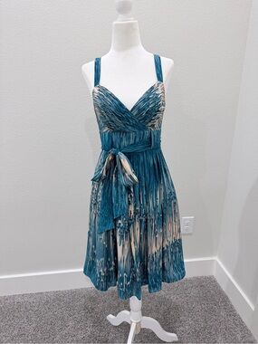 Sleeveless Teal and Cream Printed silk Wrap Dress